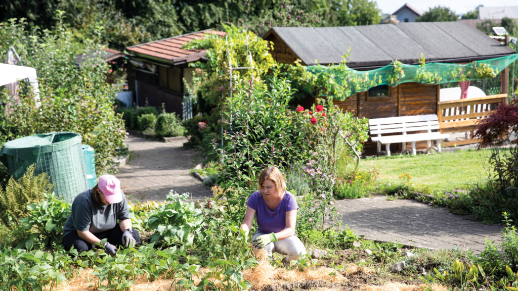 Arbeitsagogin und IV-Mitarbeiterin bei der Gartenarbeit